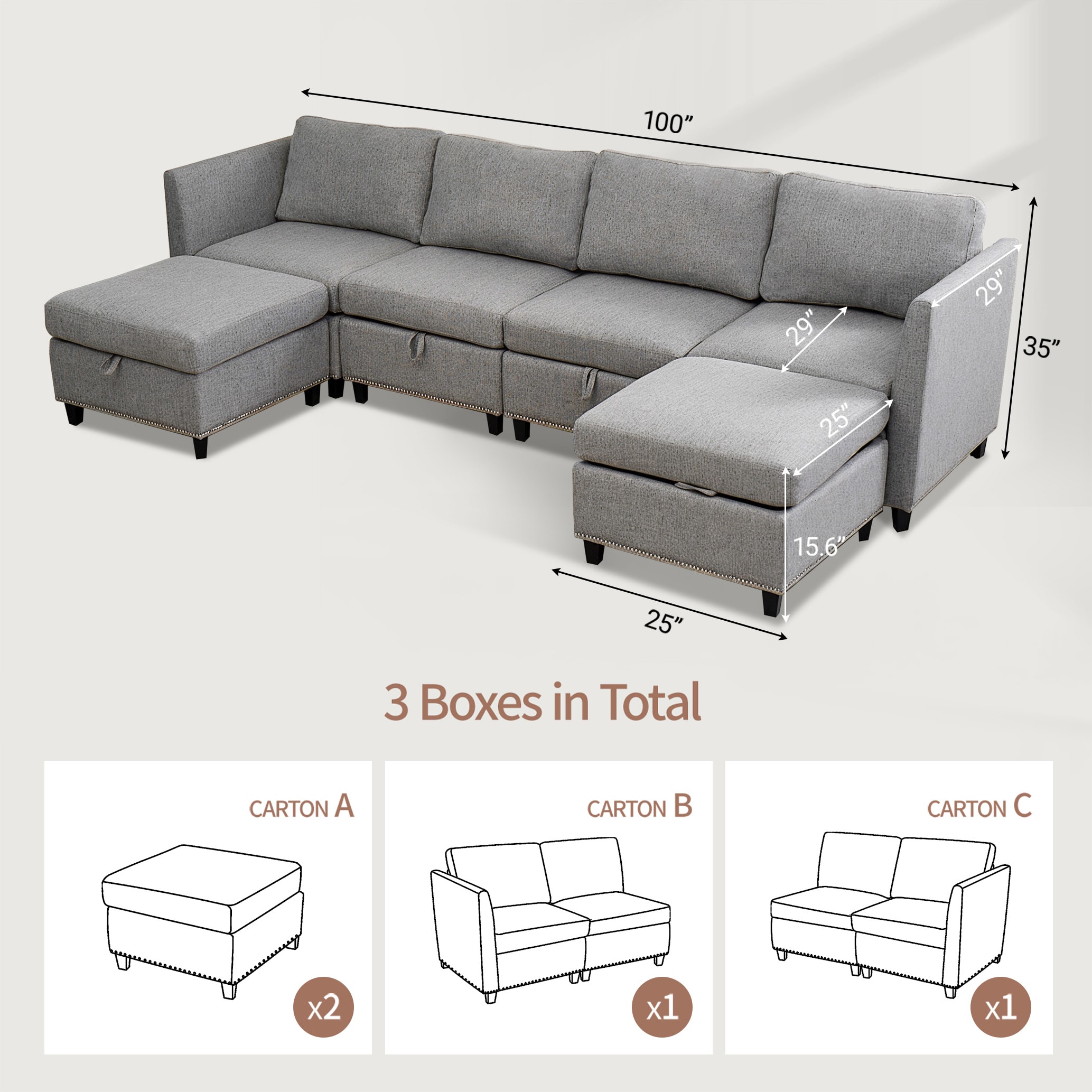 Convertible Sectional Sofa with Storage Seat 6 Seat Sofa with Reversible Chaise U Shaped Sectional Couch for Living Room,Light Grey Convertible Sectional Sofa with Storage Seat 6 Seat Sofa with Reversible Chaise U Shaped Sectional Couch for Living Room,Light Grey